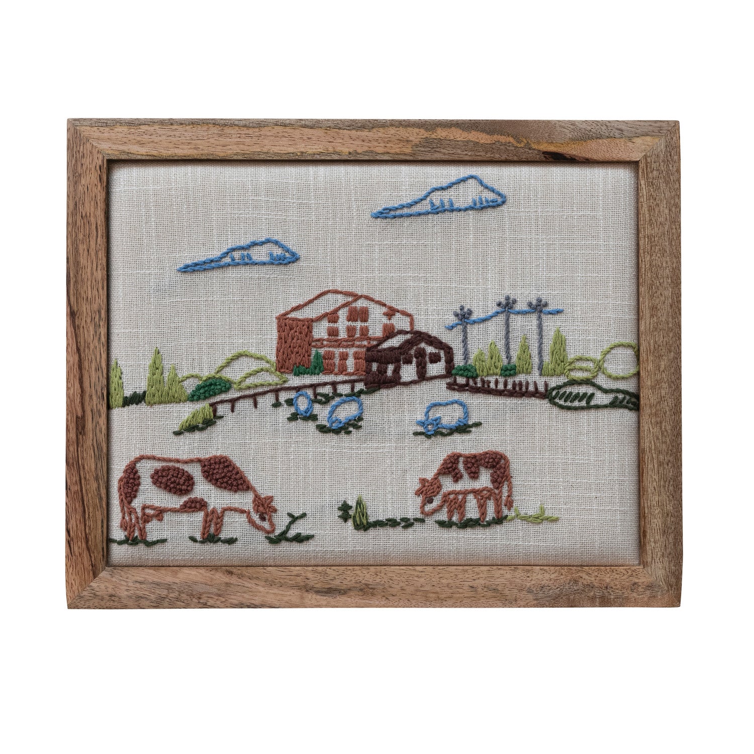 Mango Wood Framed Cotton Embroidered Wall Decor with Farm & Animals