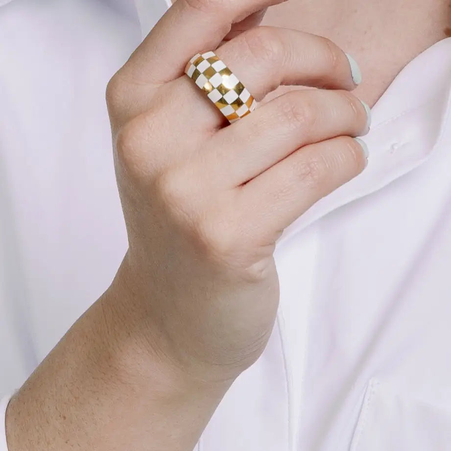 White and Gold Checkered Ring