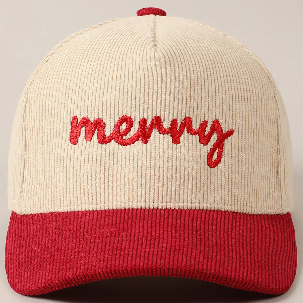 Merry Text Embroidery Two-Tone Corduroy Cap