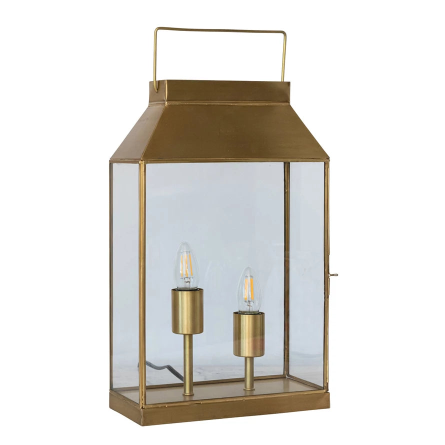 Glass & Brass Lantern Table Lamp with Handle
