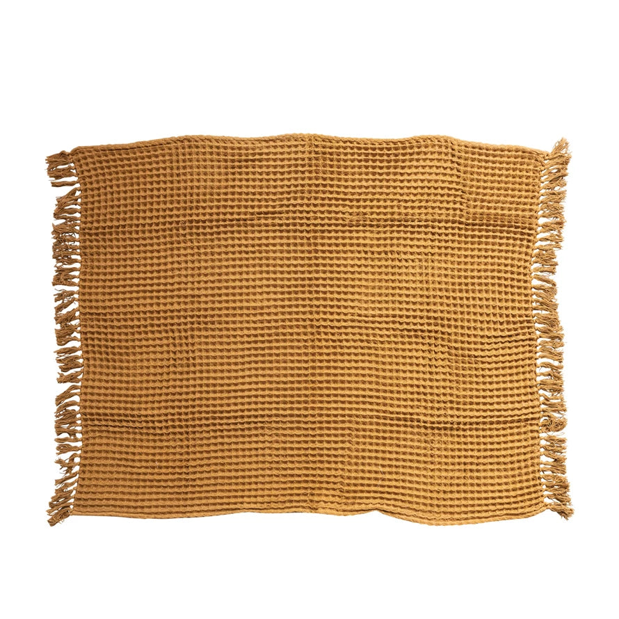 Mustard Waffle Weave Throw with Fringe