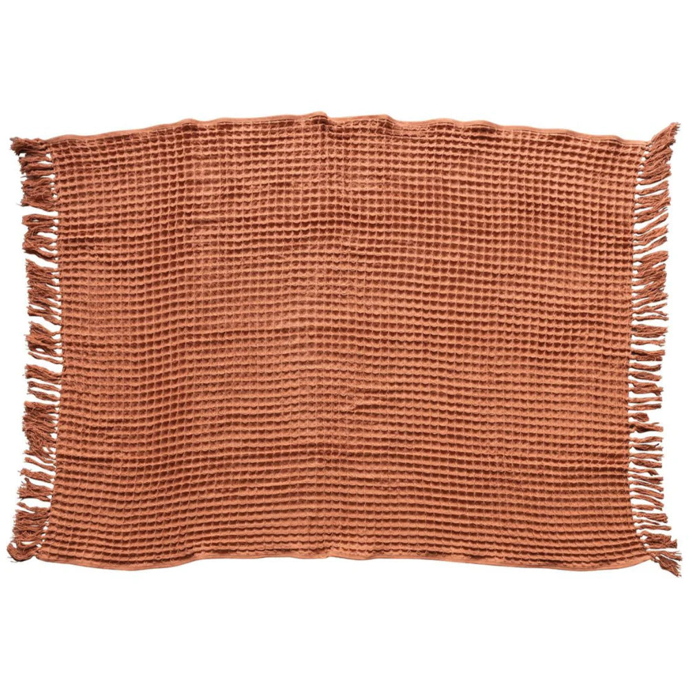 Rust Waffle Weave Throw with Fringe