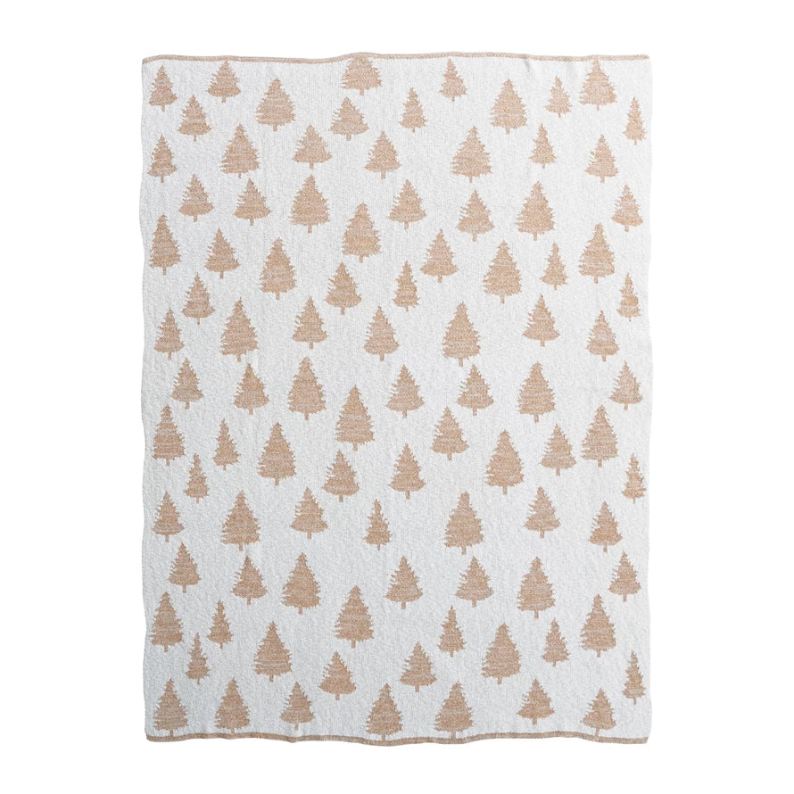 Cotton Knit Throw with Trees & Metallic Gold Thread