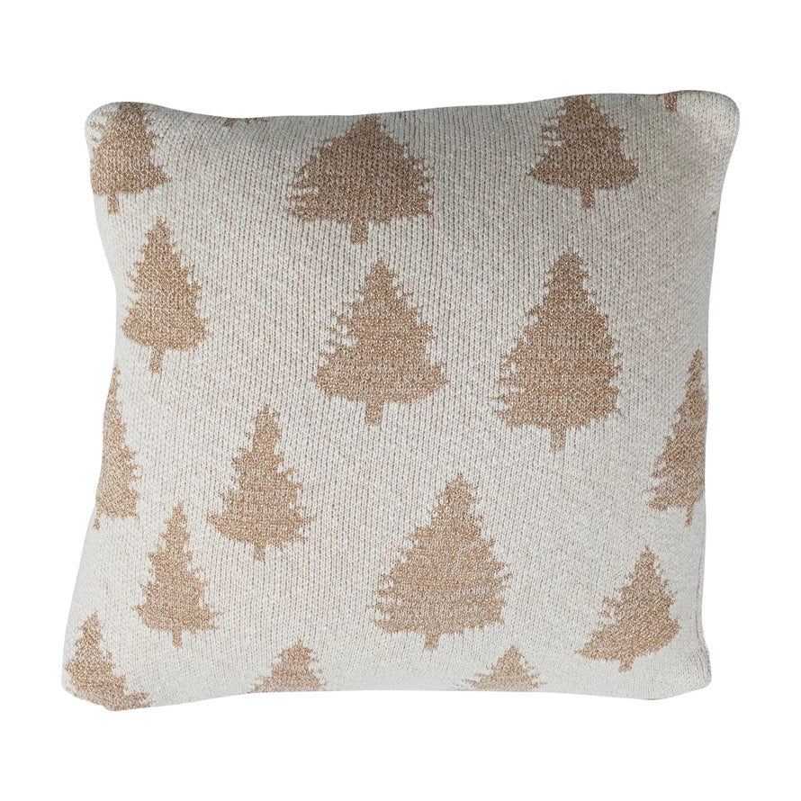 Square Cotton Knit Pillow with Trees & Metallic Gold Thread