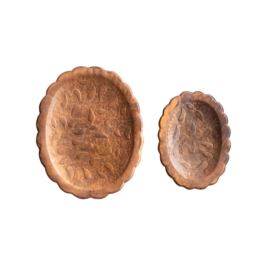 Embossed Metal Scalloped Trays, Antique Copper Finish