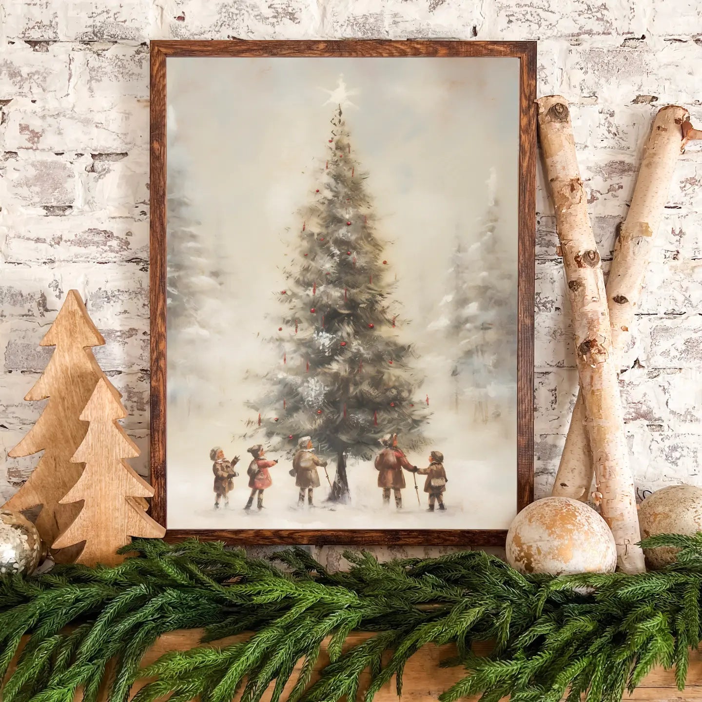 Christmas Tree with Children Vintage Print