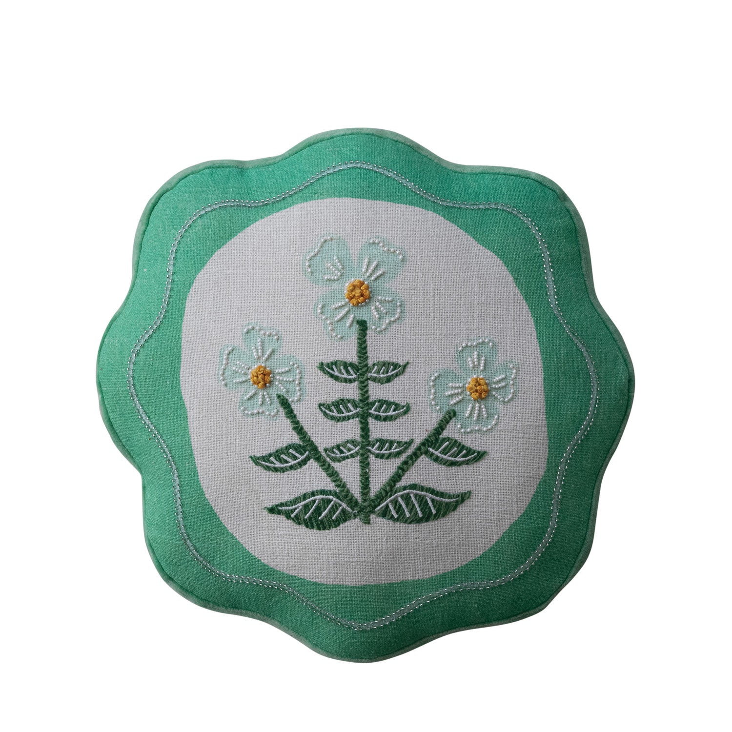 Round Cotton Scalloped Pillow with Embroidery & Velvet Back