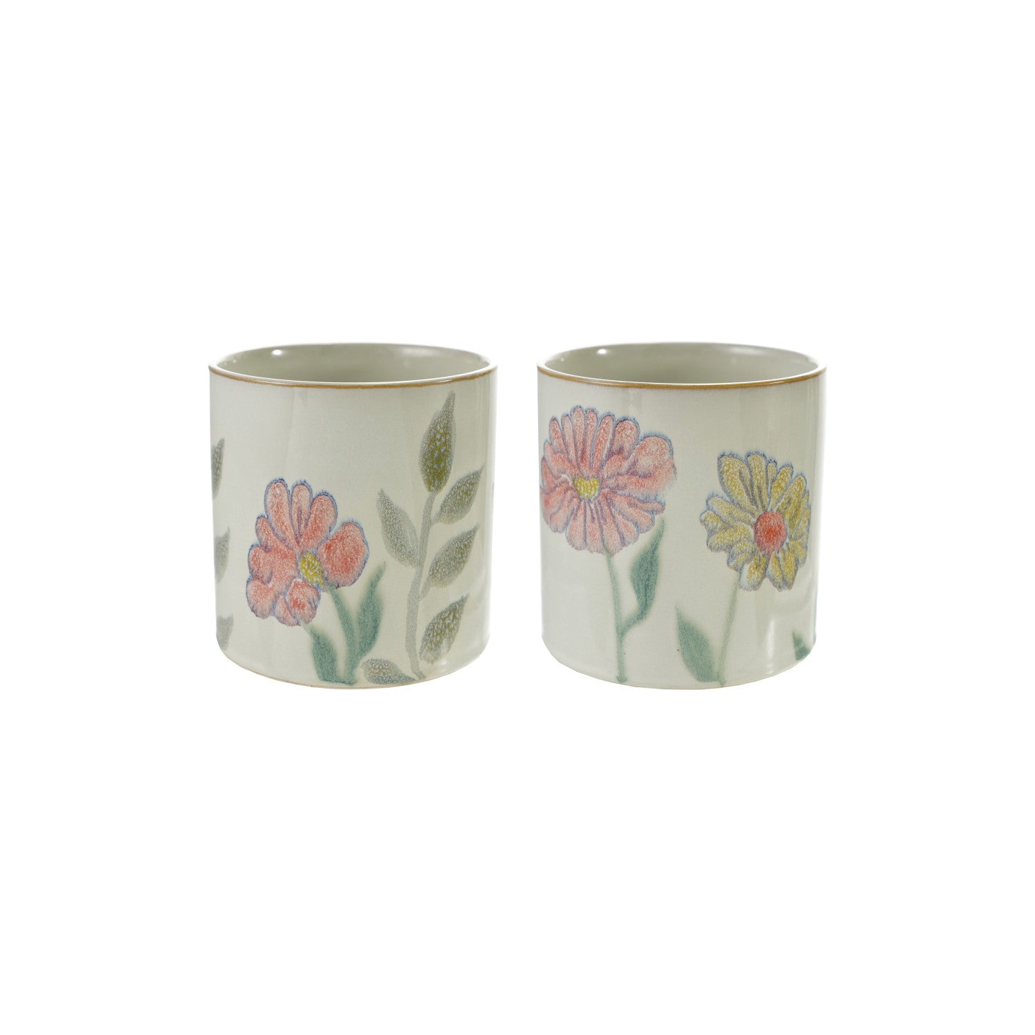 Hand-Painted Stoneware Planter with Flowers