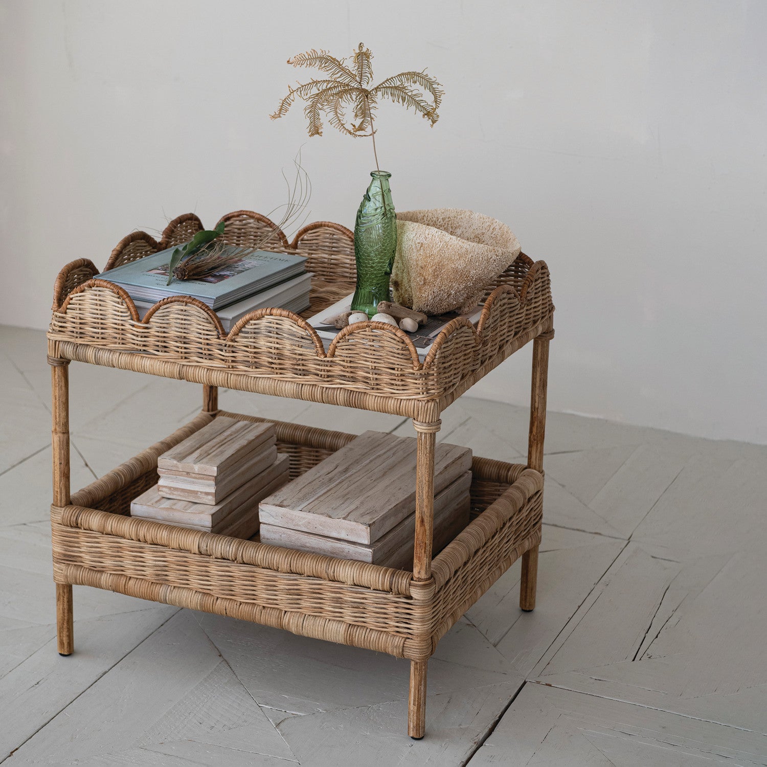 Hand-Woven Rattan Scalloped Side Table with Shelf