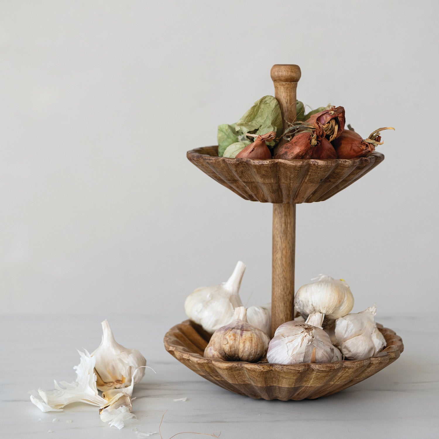 Carved Mango Wood Scalloped 2-Tier Bowl
