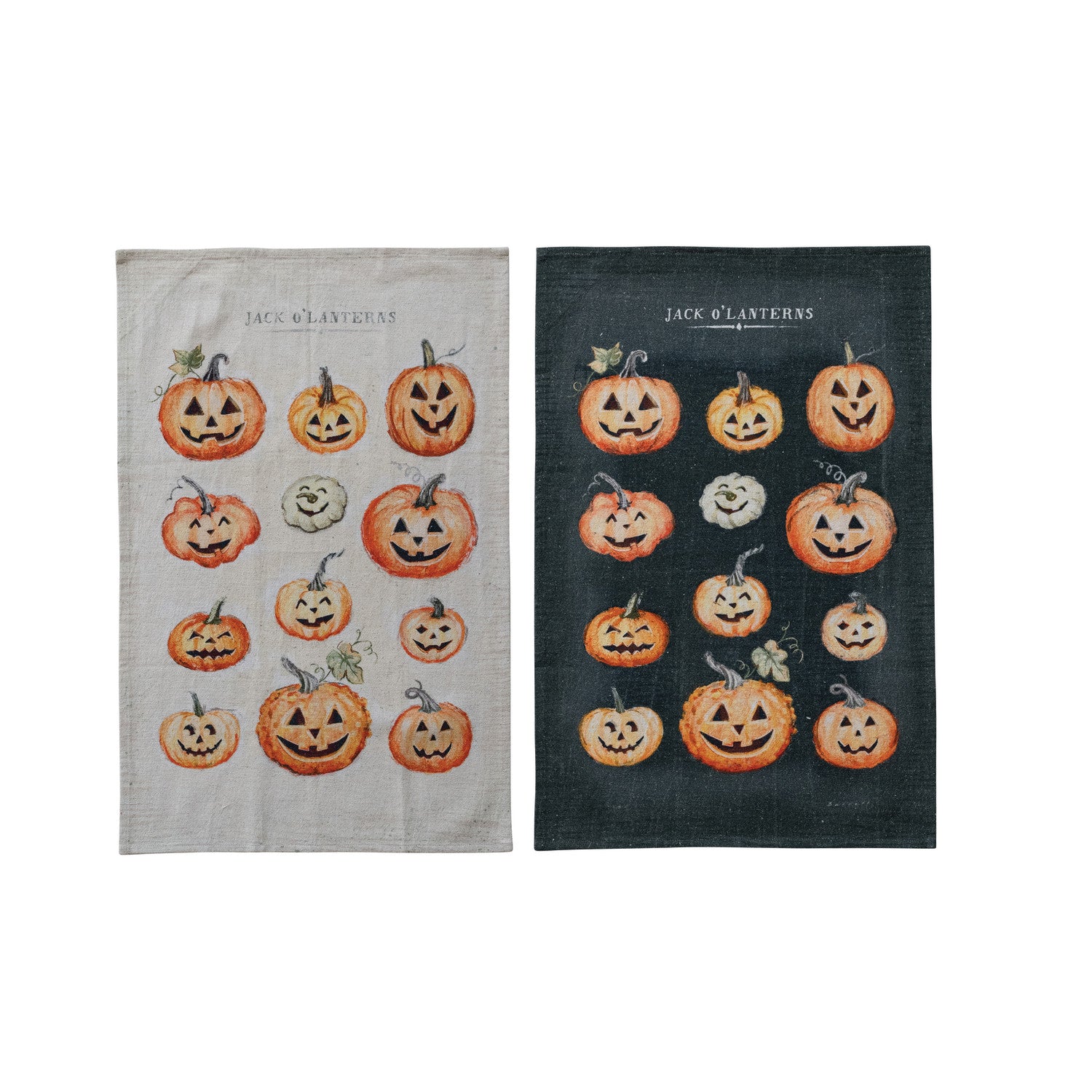 Cotton & Linen Printed Tea Towel with Jack-O-Lanterns