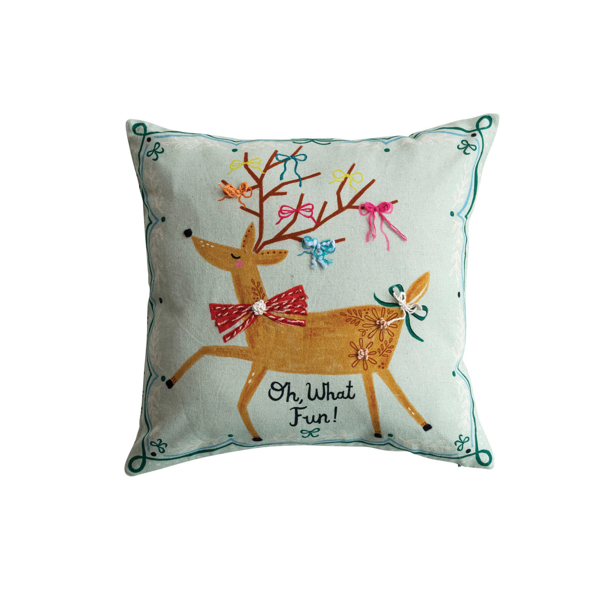 18" Square Cotton & Linen Printed Pillow with Embroidery, Applique & Patterned Back