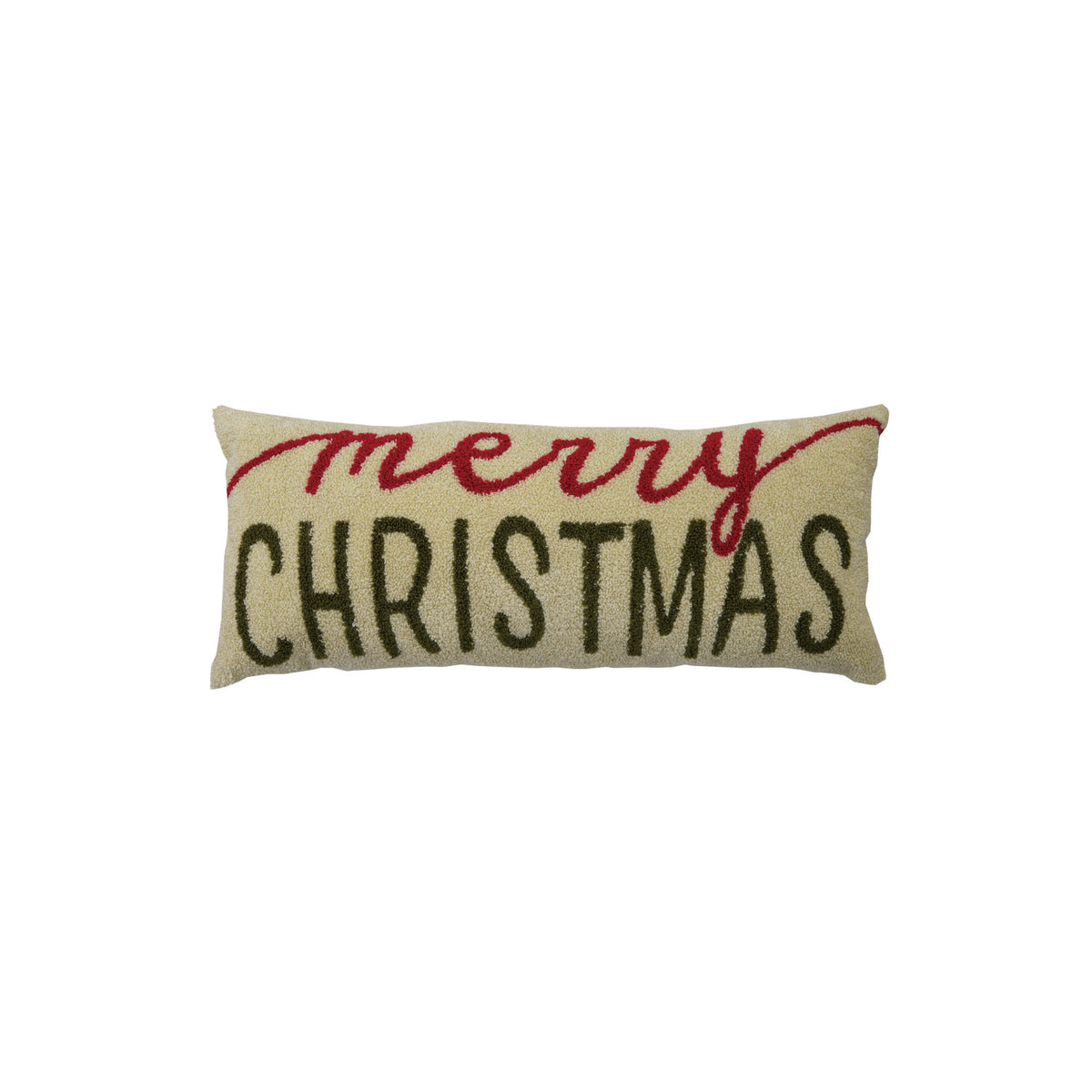 Cotton Boucle Lumbar Pillow with Embroidered "Merry Christmas", Beige, Green & Red