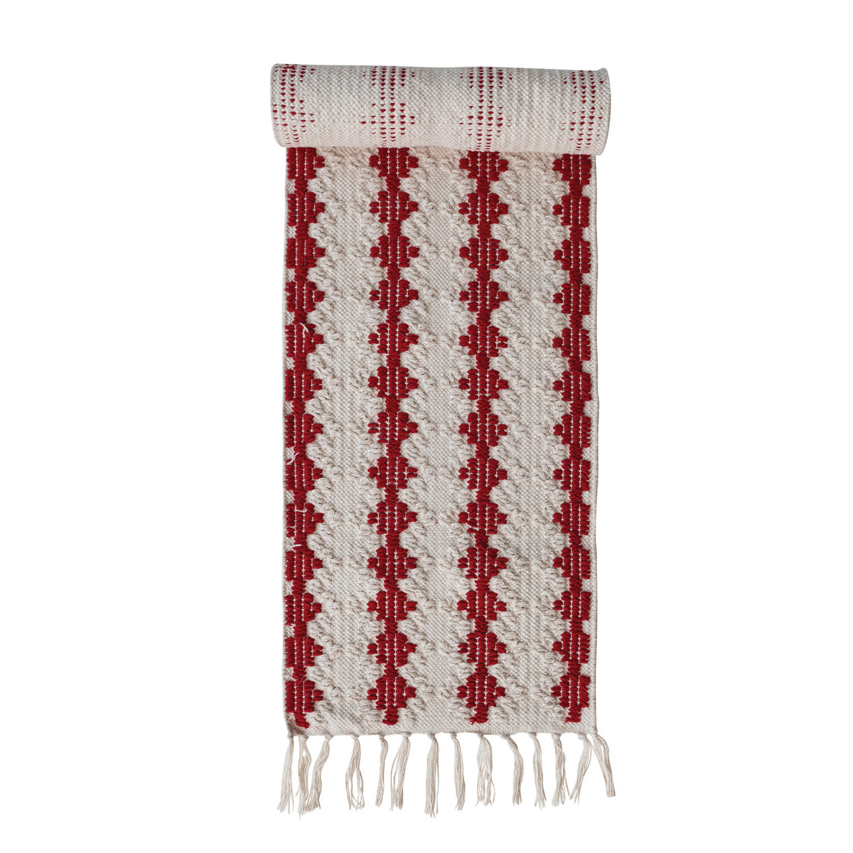 Woven Cotton Tufted Table Runner with Diamond Pattern & Tassels