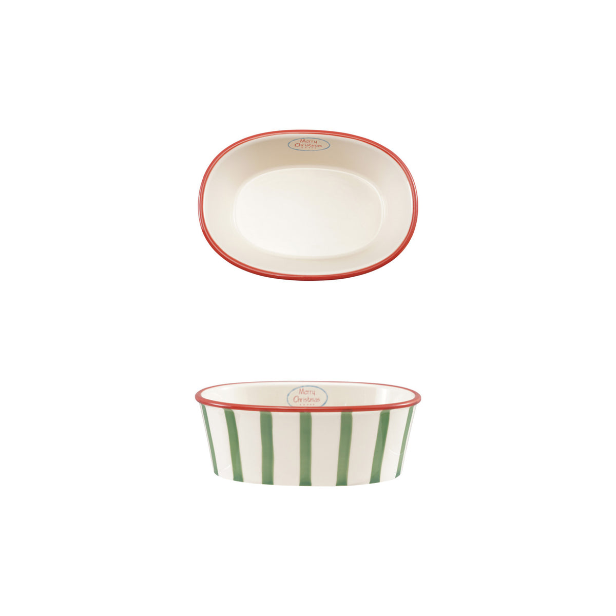 2 Quart Oval Stoneware Striped Baker "Merry Christmas"