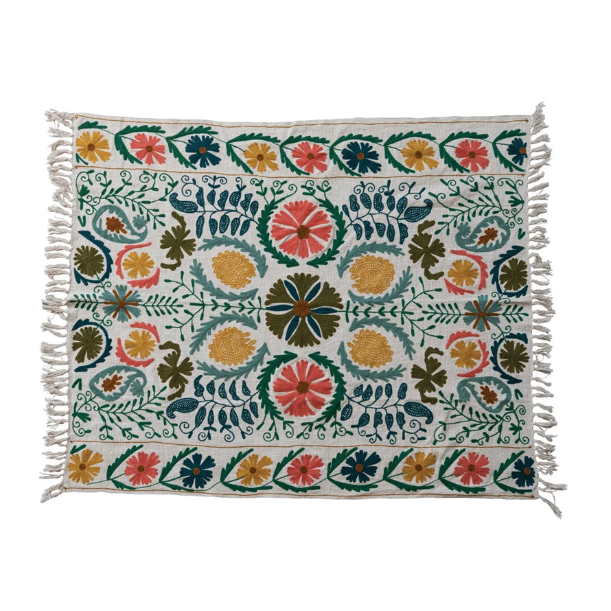 Cotton Slub Embroidered Throw with Suzani Pattern & Tassels