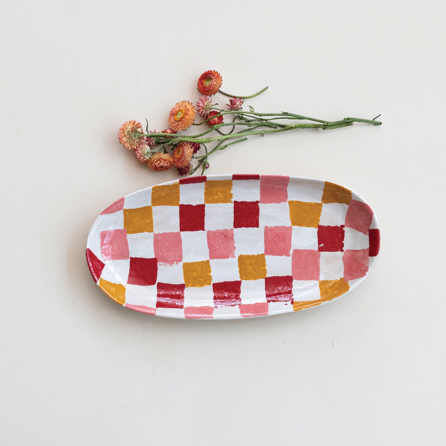 Hand-Painted Stoneware Platter with Check Pattern