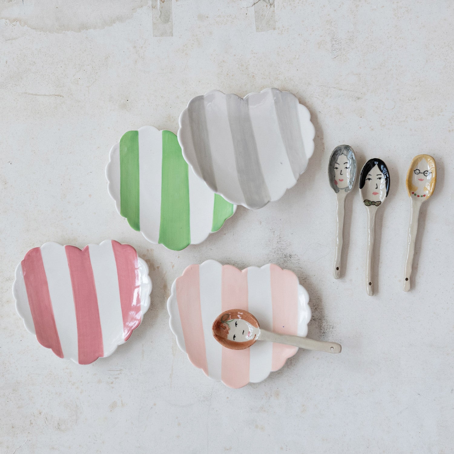 Hand-Painted Stoneware Striped Heart Shaped Dish