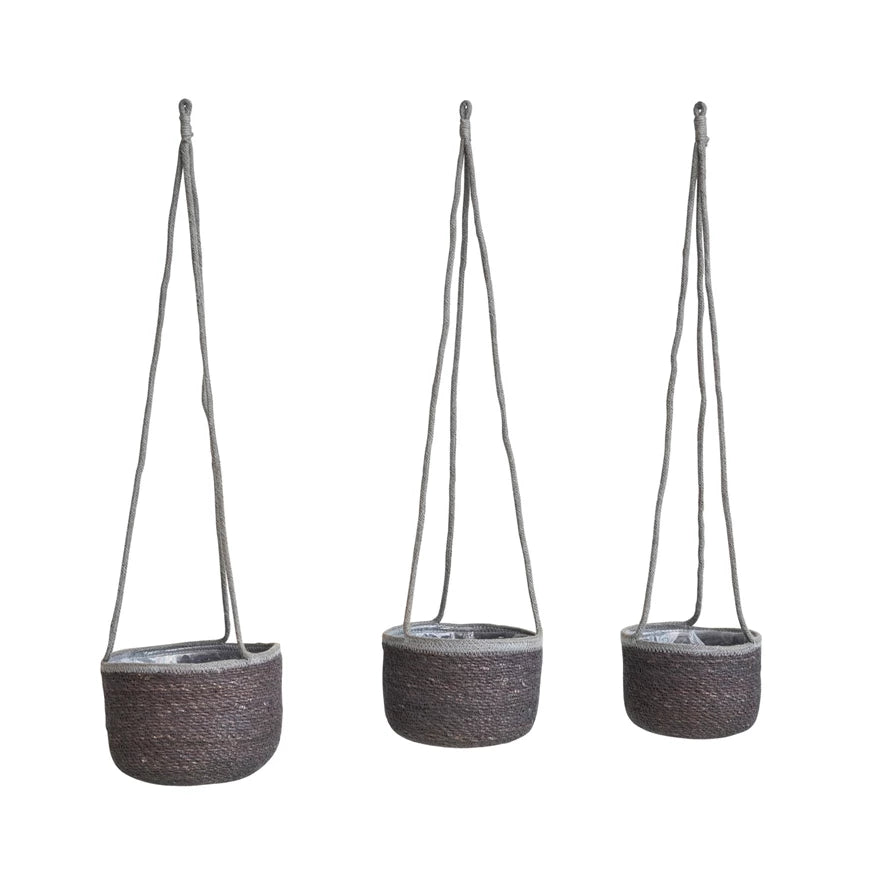 Hand-Woven Seagrass Hanging Planters w/ Jute Rope Hanger & Plastic Lining, Grey