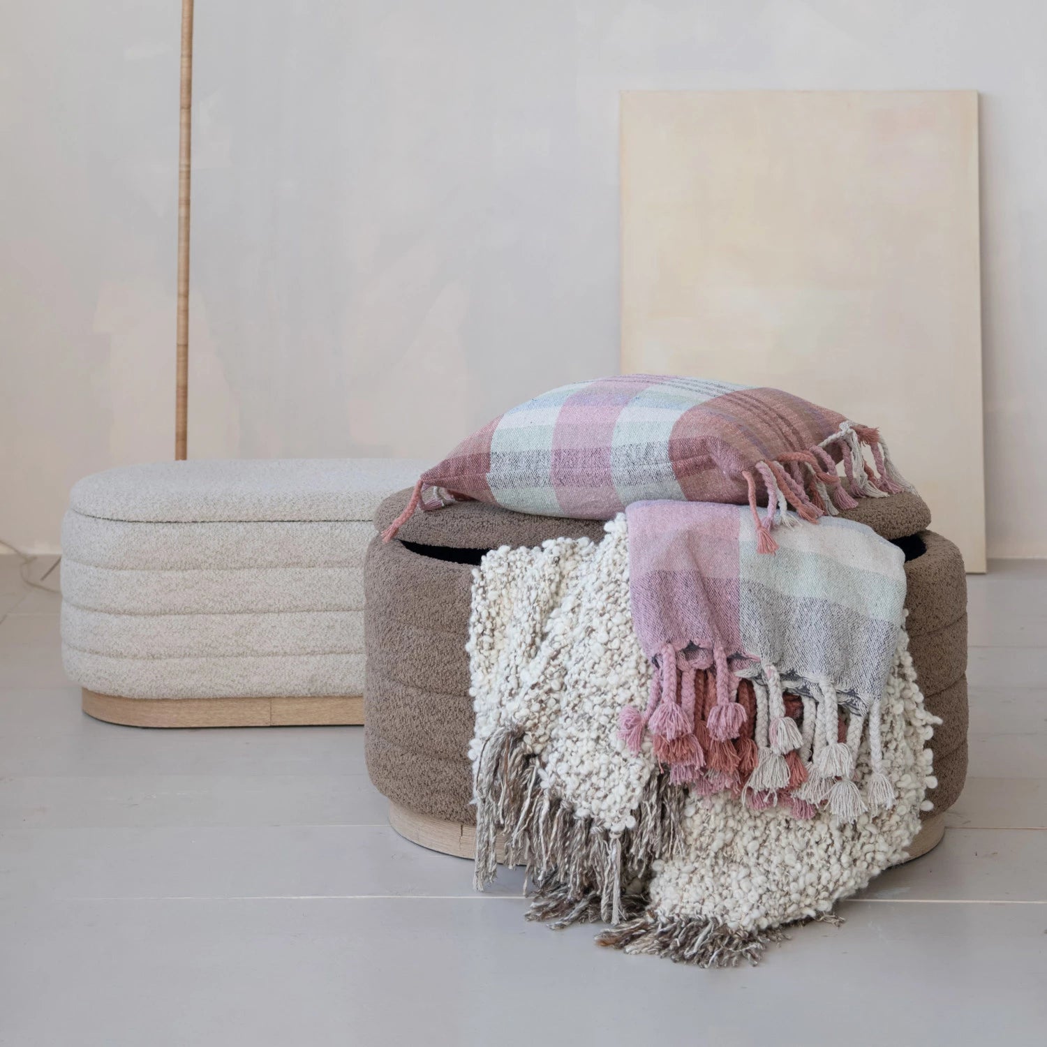 Fabric & MDF Upholstered Ottomans w/ Storage & Wood Bases