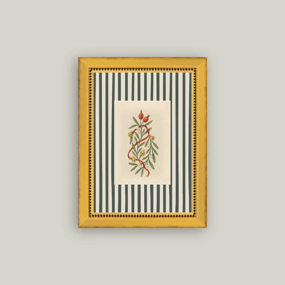 Holly Bells On Stripes Framed Antique Art