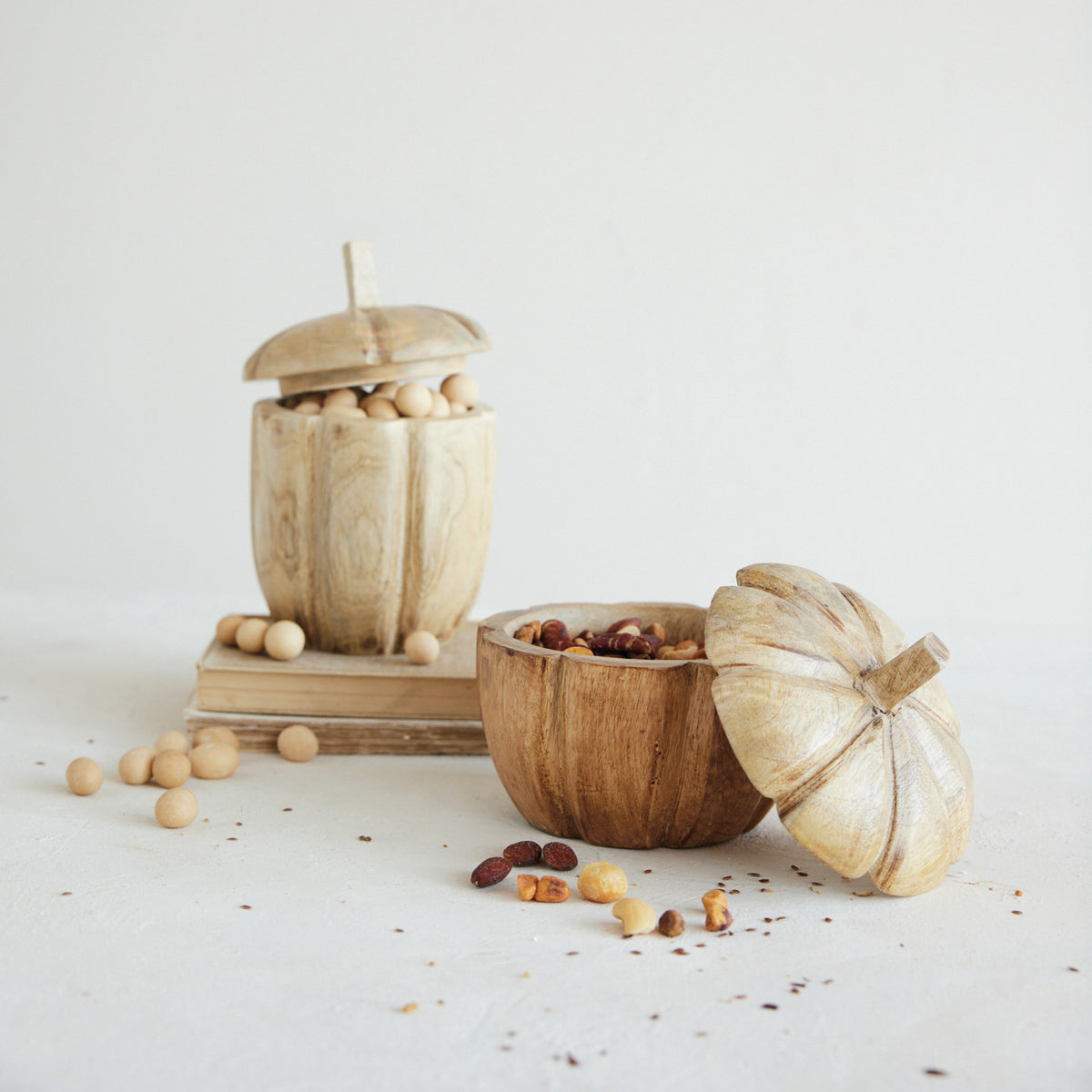 Hand-Carved Mango Wood Pumpkin Shaped Container with Lid