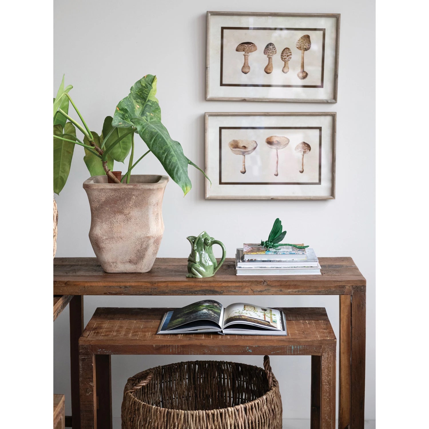 Wood Framed Glass Wall Décor with Mushrooms