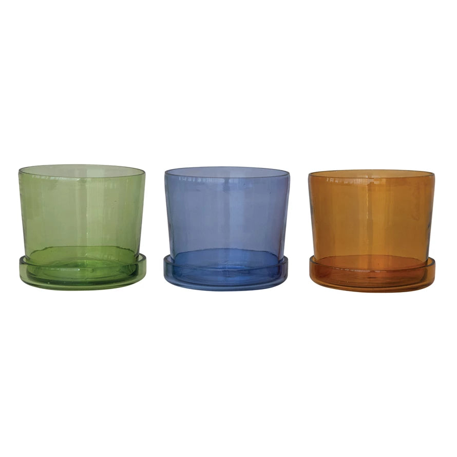 Small Hand-Blown Recycled Glass Planter w/ Saucer