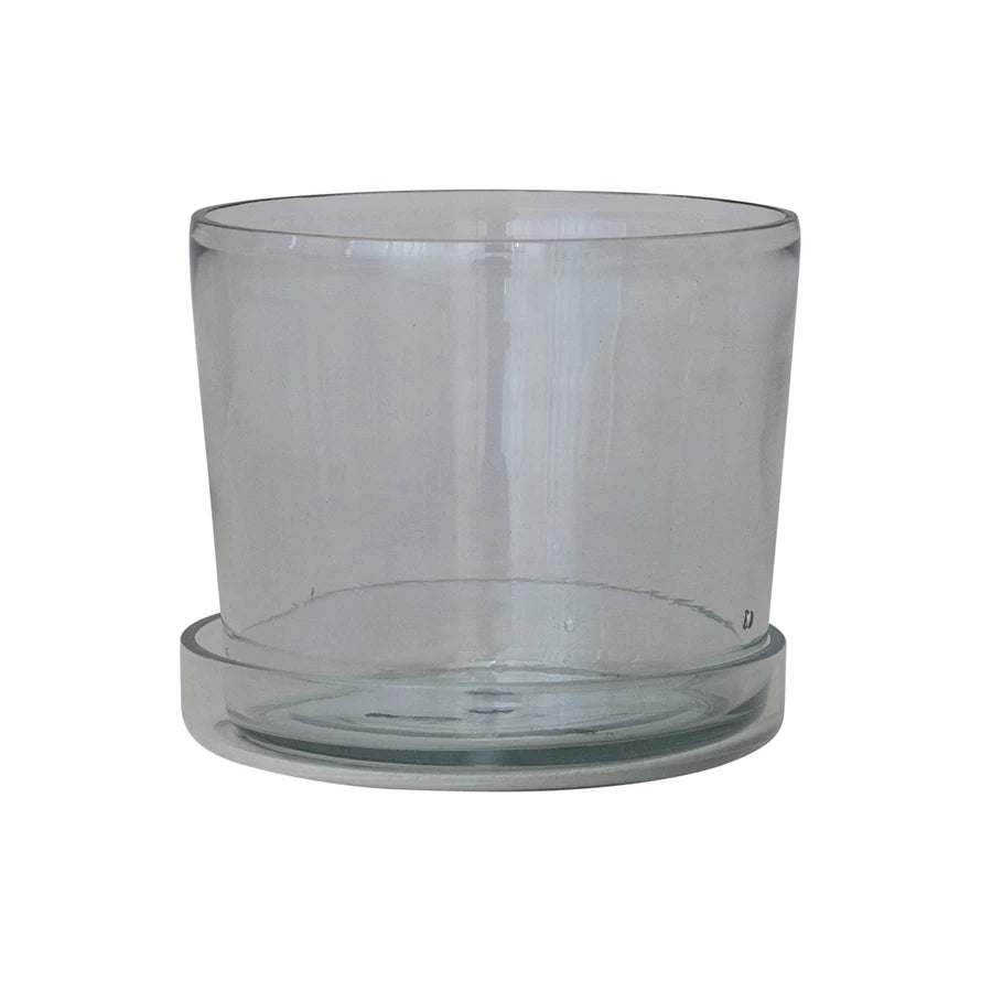 Hand-Blown Recycled Glass Planter w/ Drainage Hole & Saucer