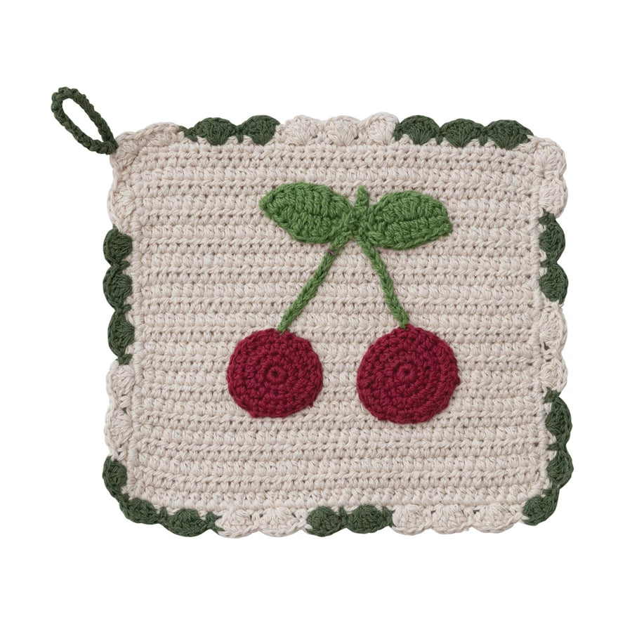 Cotton Crocheted Scalloped Pot Holder w/ Cherries