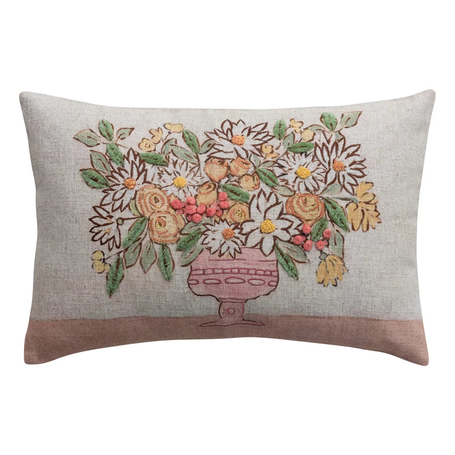 Linen Blend Printed Lumbar Pillow w/ Flowers in Vase, Embroidery