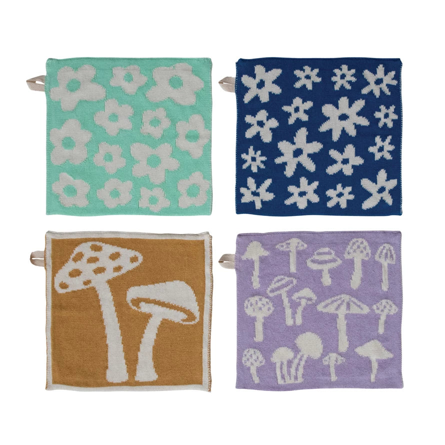 Cotton Knit Dish Cloth w/ Flowers/Mushrooms
