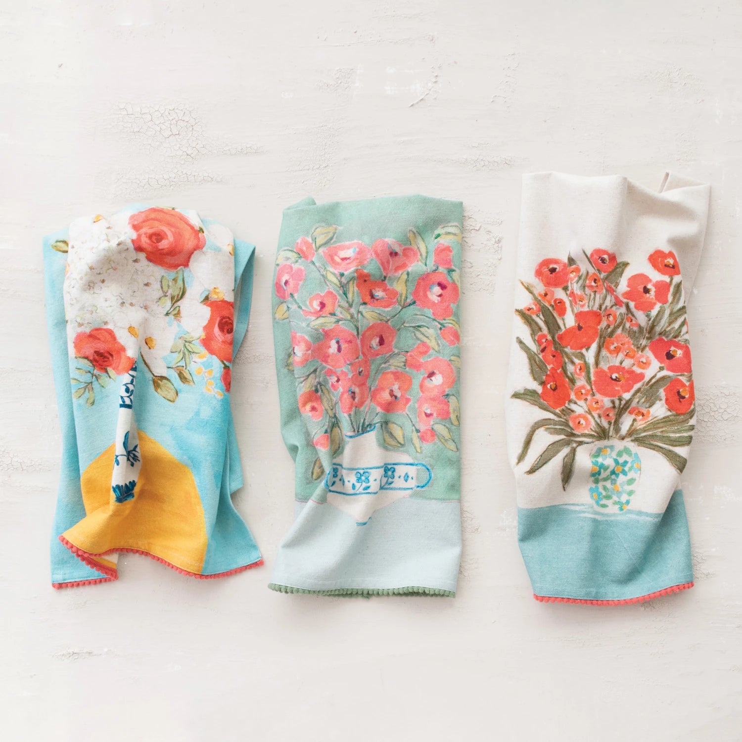 Cotton & Linen Printed Tea Towel w/ Flowers in Vase & Mini Pom Pom Trim