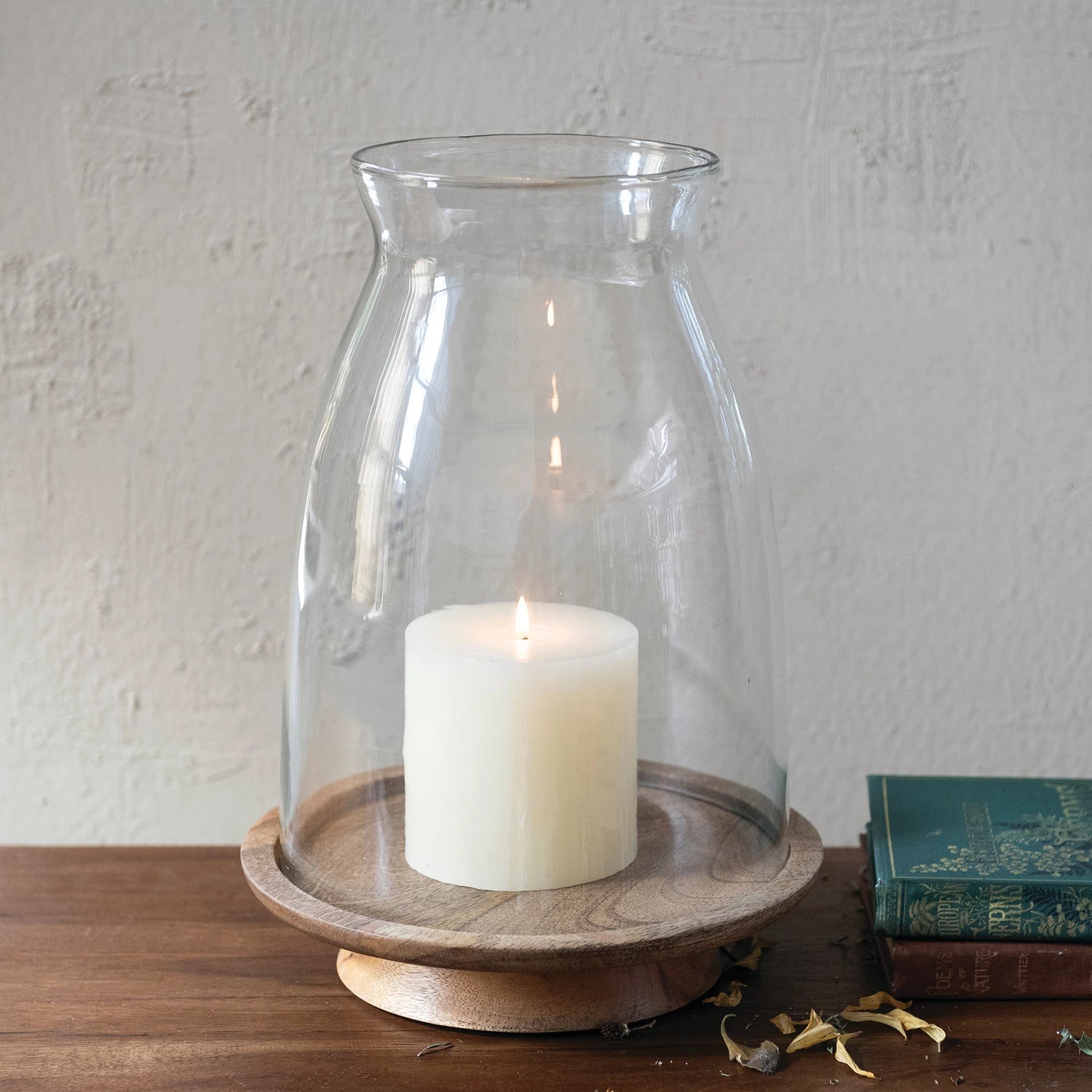 Glass Hurricane with Mango Wood Base