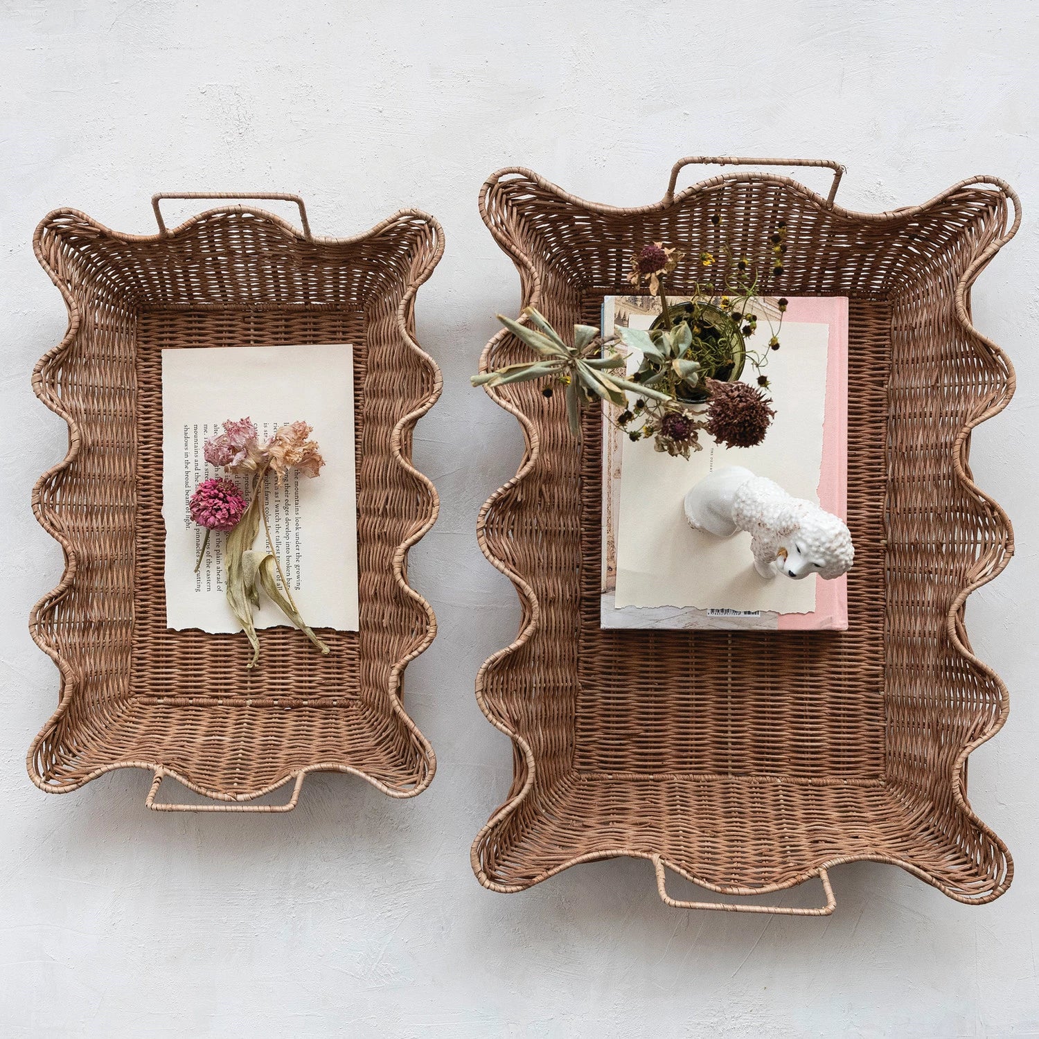 Decorative Hand-Woven Rattan Scalloped Nesting Trays with Handles