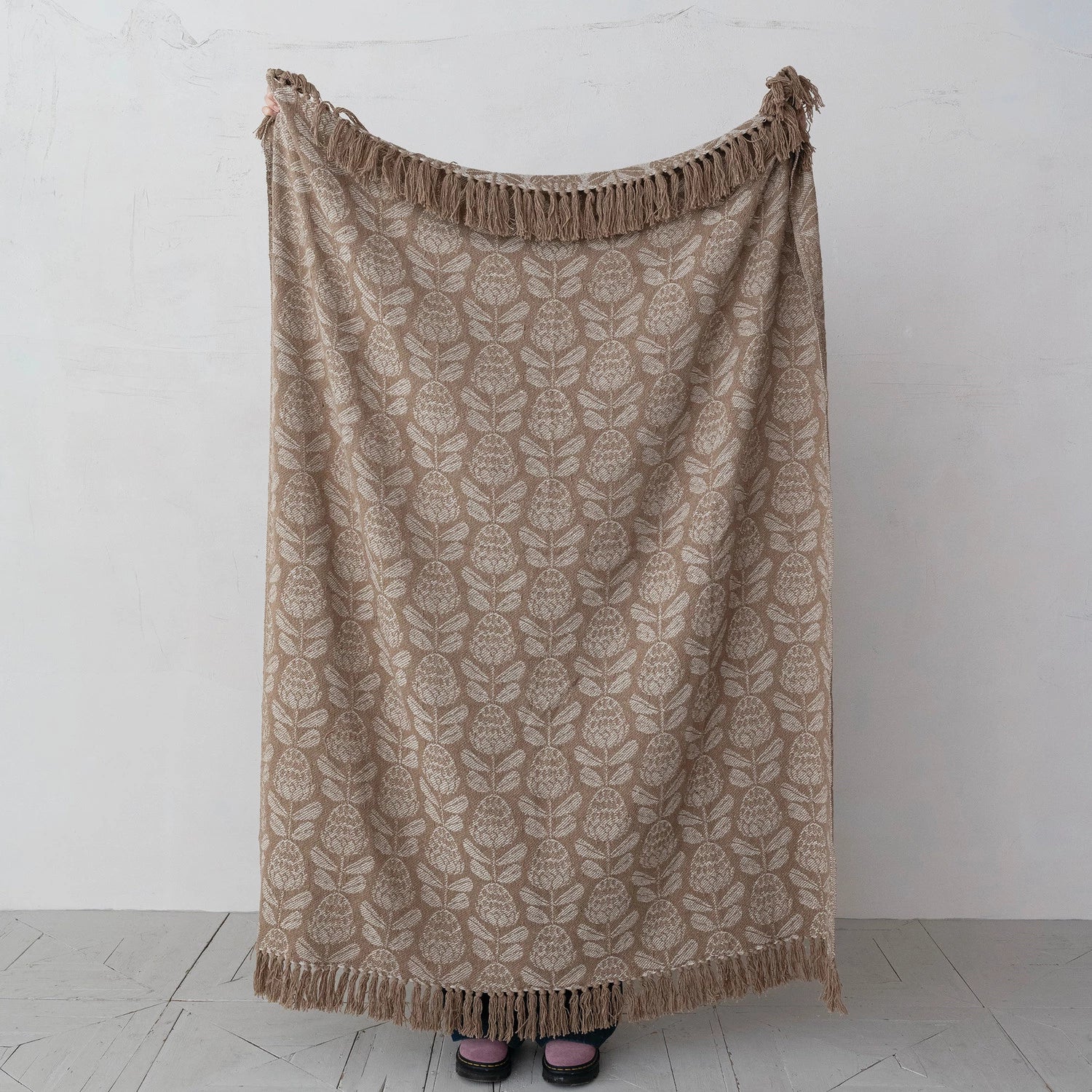 Woven Recycled Cotton Blend Jacquard Throw with Floral Pattern & Fringe