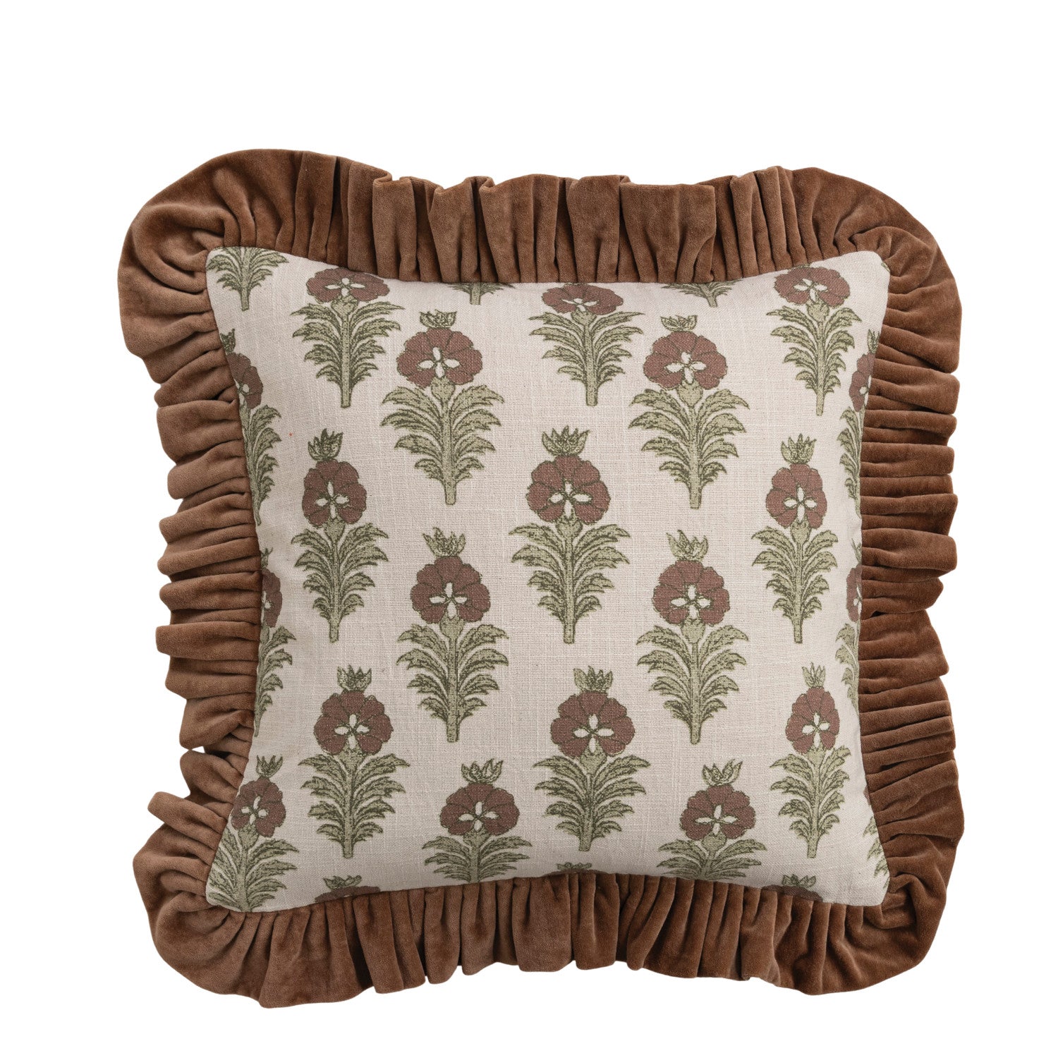 Square Cotton Slub Printed Pillow with Brown Velvet Ruffle