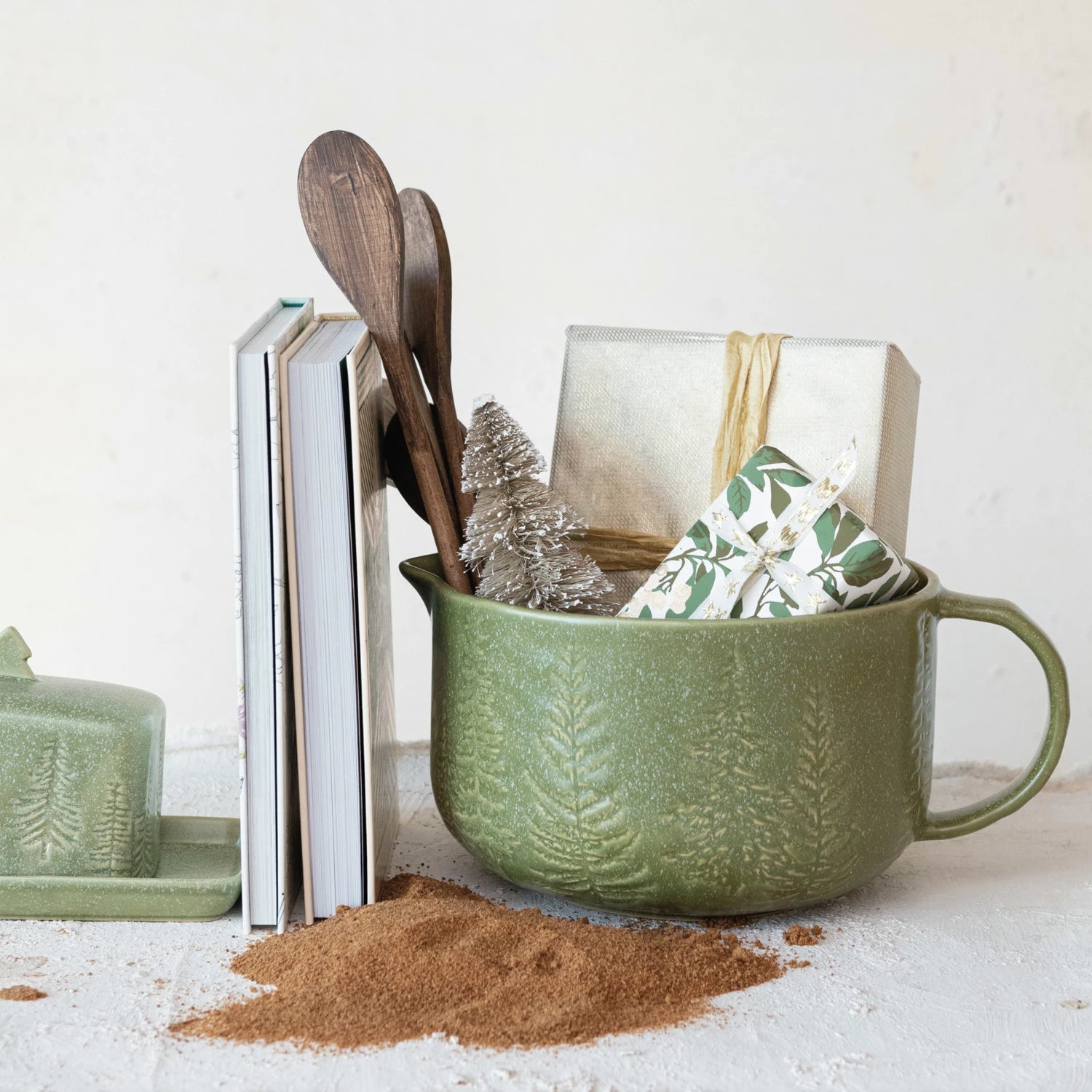 Debossed Stoneware Batter Bowl w/ Handle & Trees