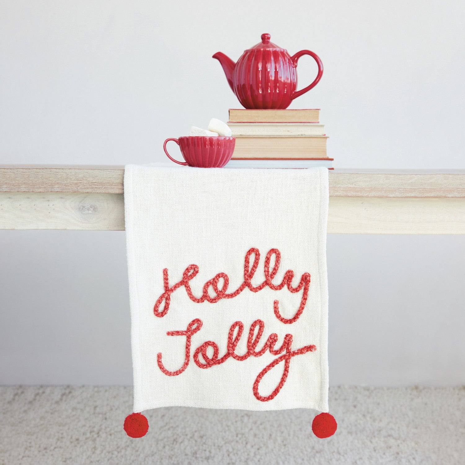 Cotton Slub Table Runner with Pom Poms & Embroidered "Holly Jolly"