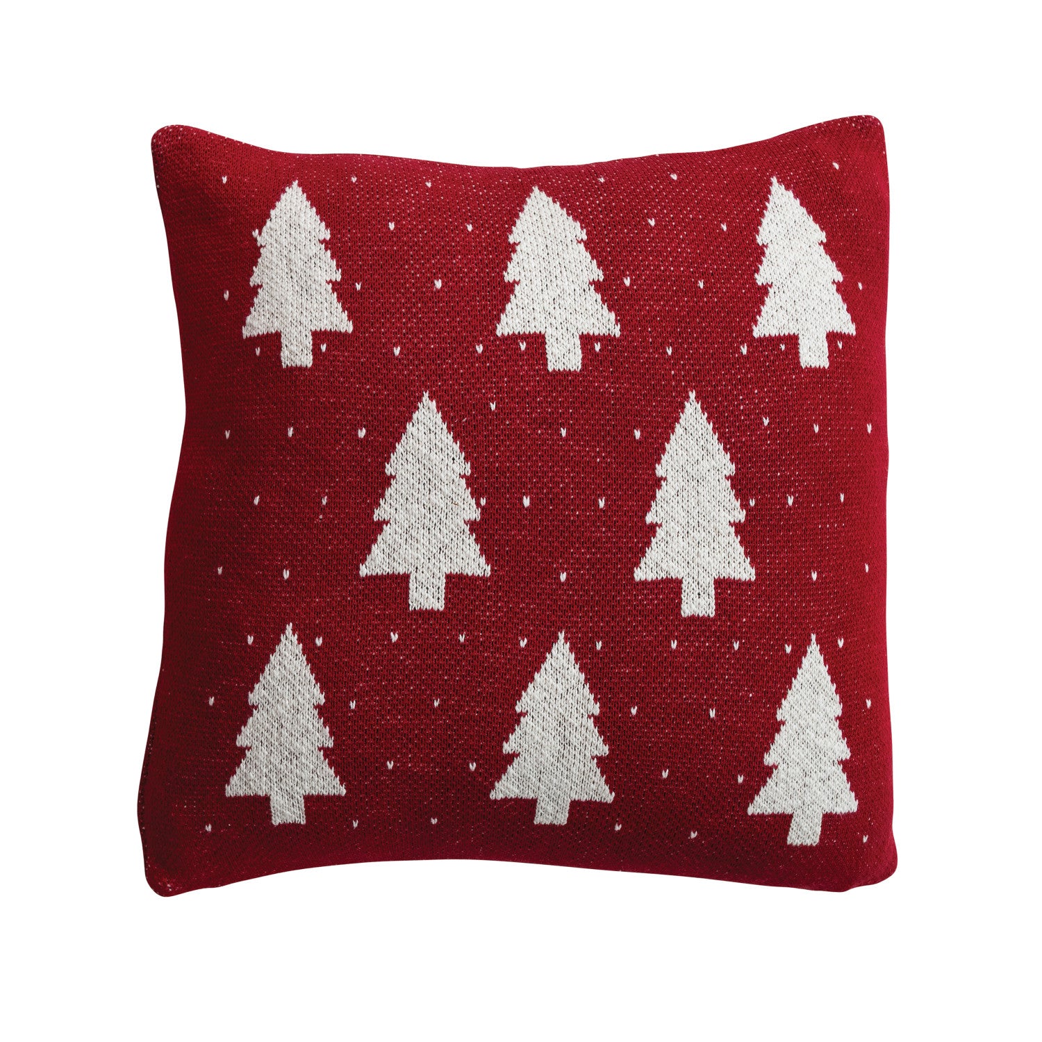 Square Cotton Knit Pillow with Tree & Heart Pattern, Red & Natural