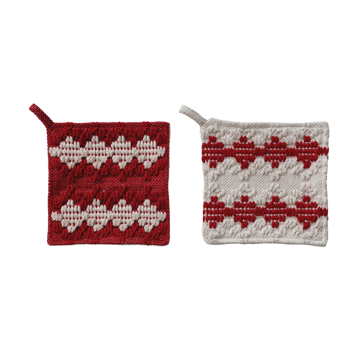 Woven Cotton Tufted Pot Holder with Diamond Pattern & Terry Cloth Back