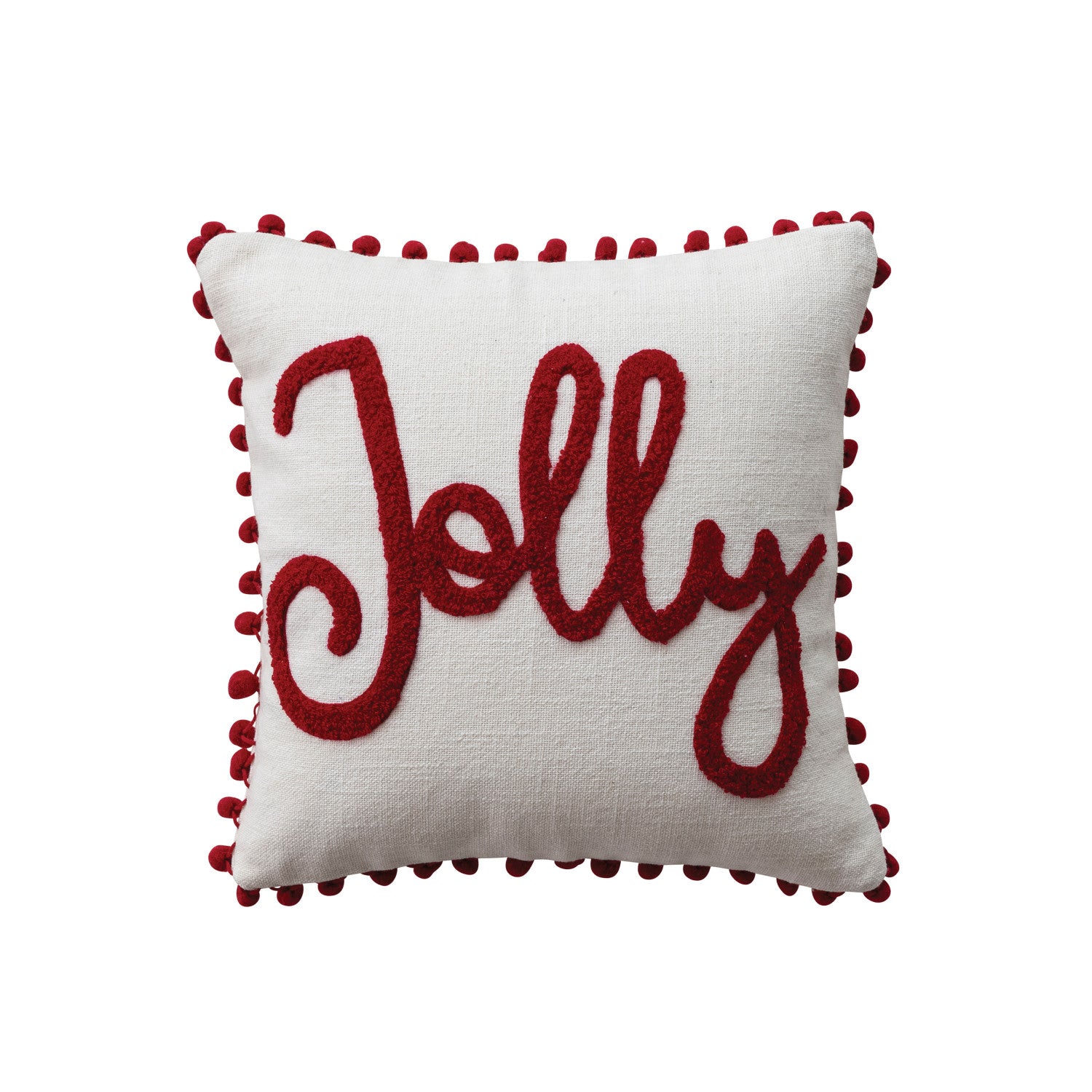 Square Cotton Slub Pillow with Pom Pom Trim & Tufted "Jolly", White & Red