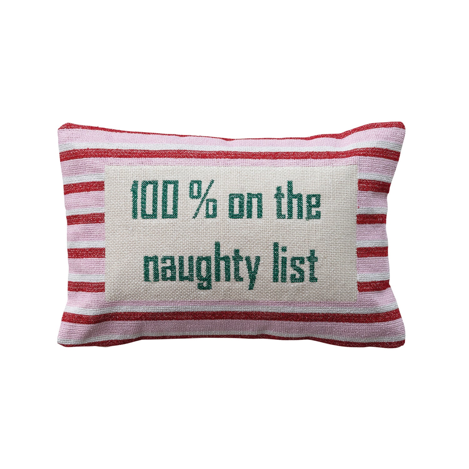 Cotton Embroidered Lumbar Pillow with Stripes "100% On The Naughty List"