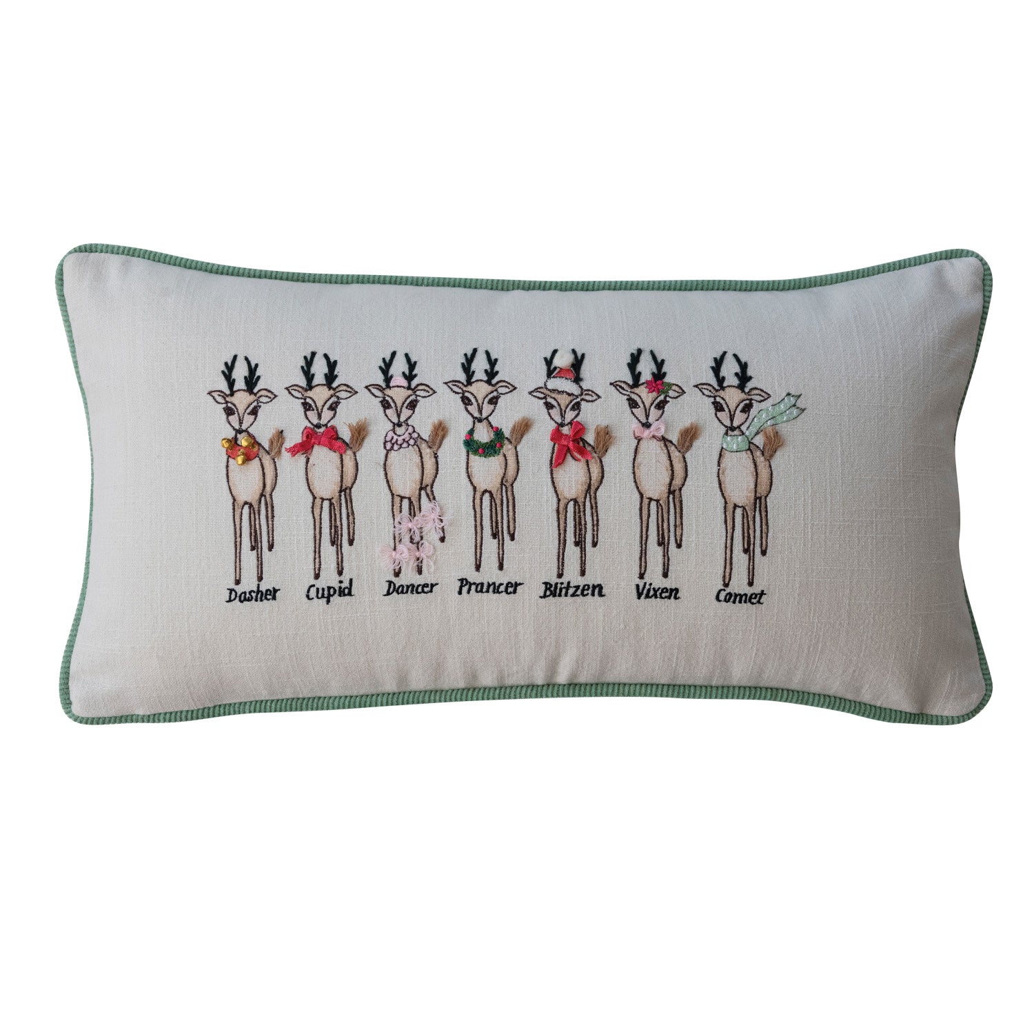Cotton Slub Printed Lumbar Pillow with Santa's Reindeer, Embroidery, Piping & Velvet Back