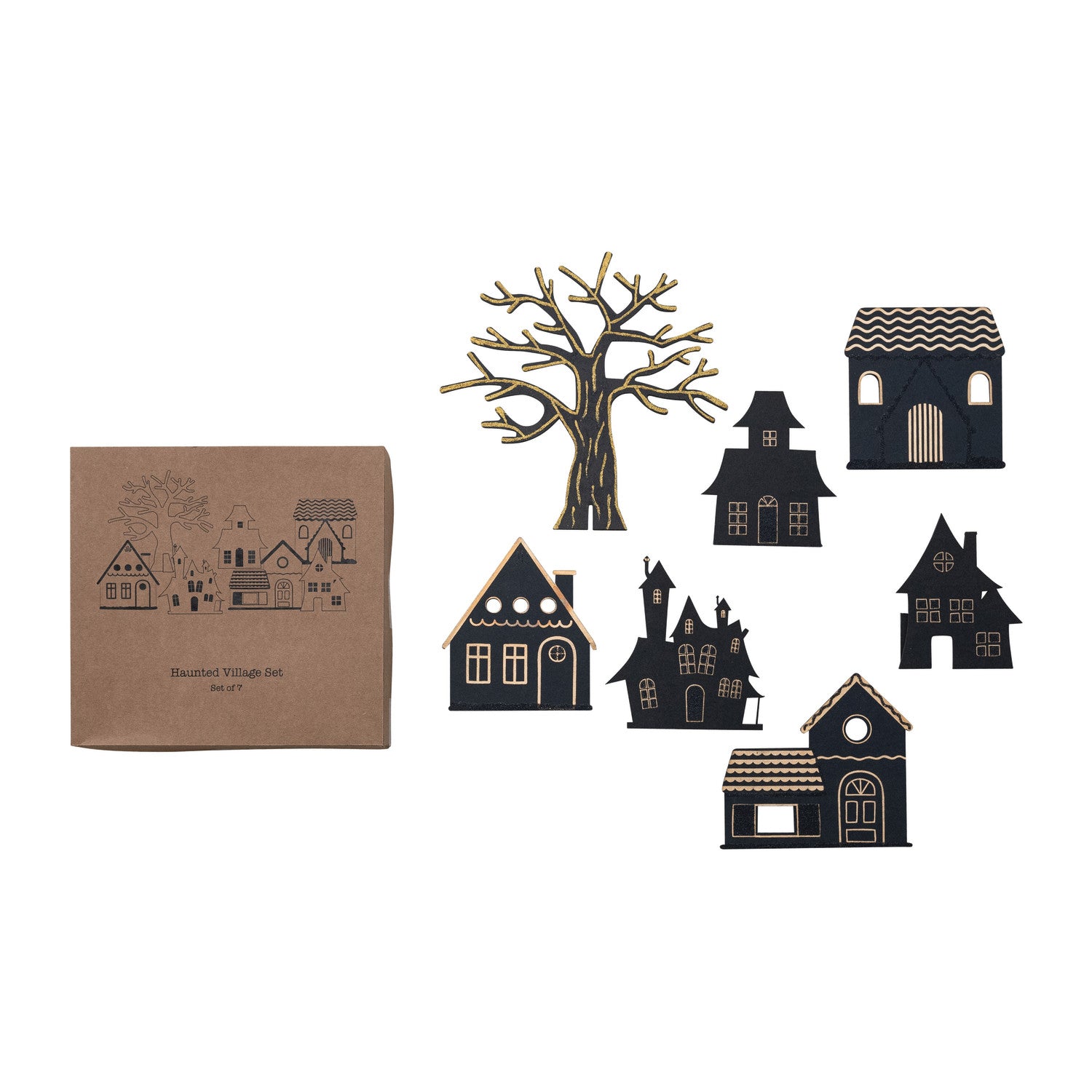 Printed MDF Standing Haunted Village with Glitter
