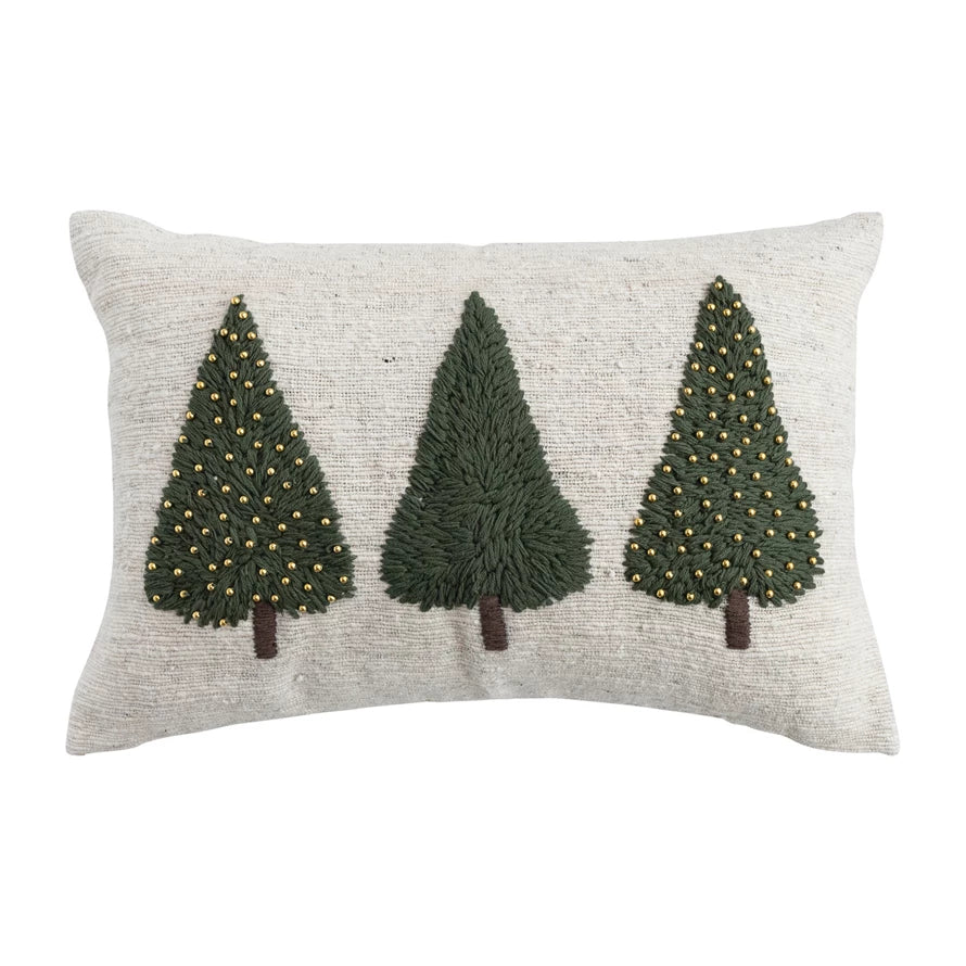 Hand-Woven & Wool Lumbar Pillow with Embroidered Trees & Beads