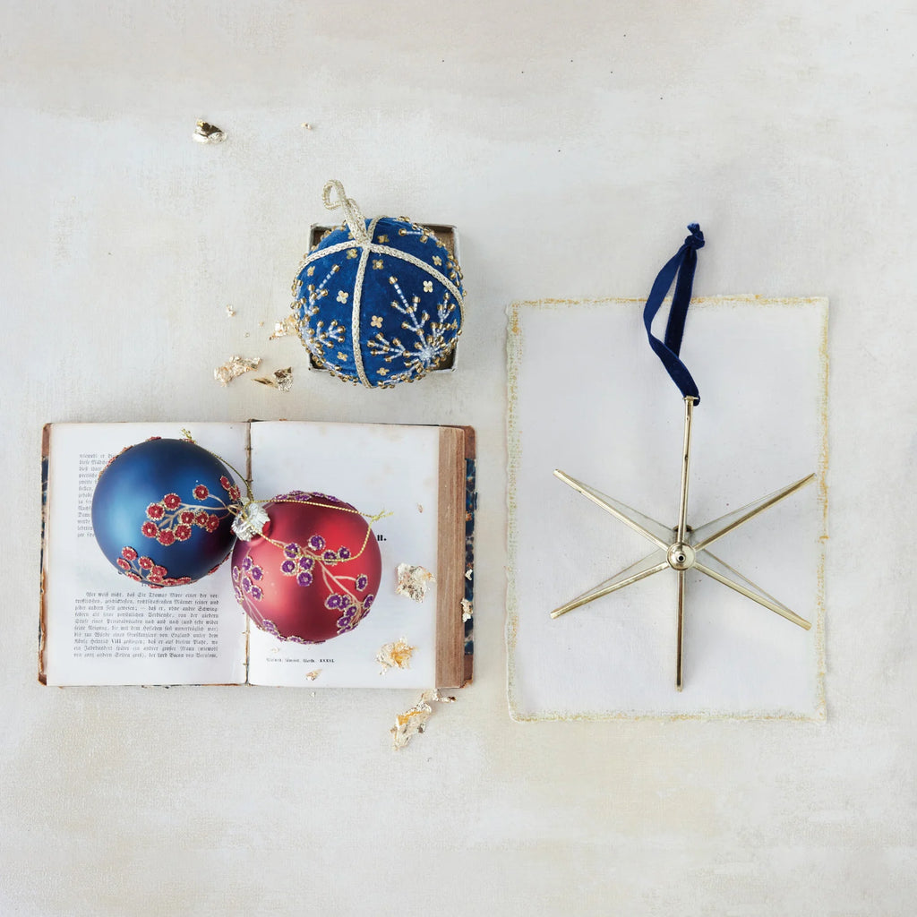 Handmade Antique Mirrored Glass & Brass Star Ornament with Blue Velvet Ribbon Hanger