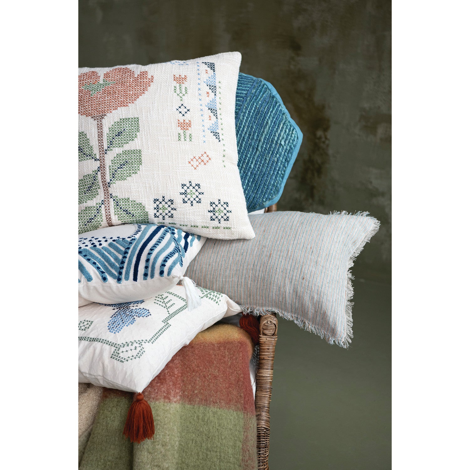 Woven Cotton & Linen Striped Lumbar Pillow with Eyelash Fringe