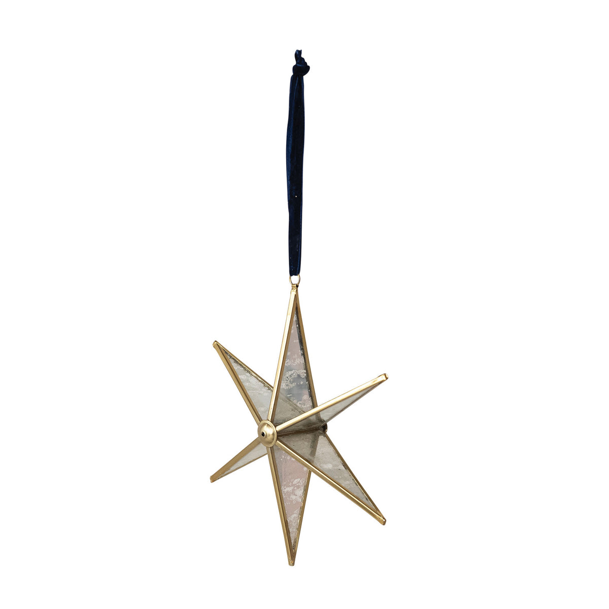 Handmade Antique Mirrored Glass & Brass Star Ornament with Blue Velvet Ribbon Hanger