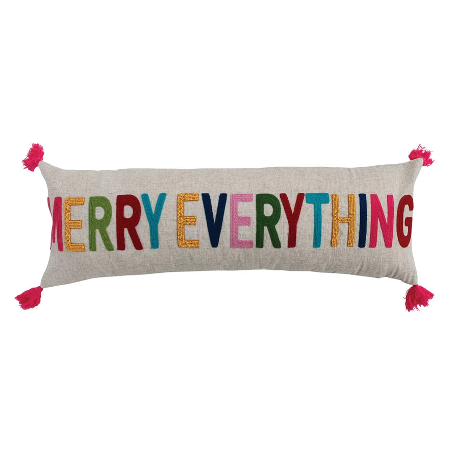 Lumbar Pillow with Tassels, Beads & Embroidered "MERRY EVERYTHING"